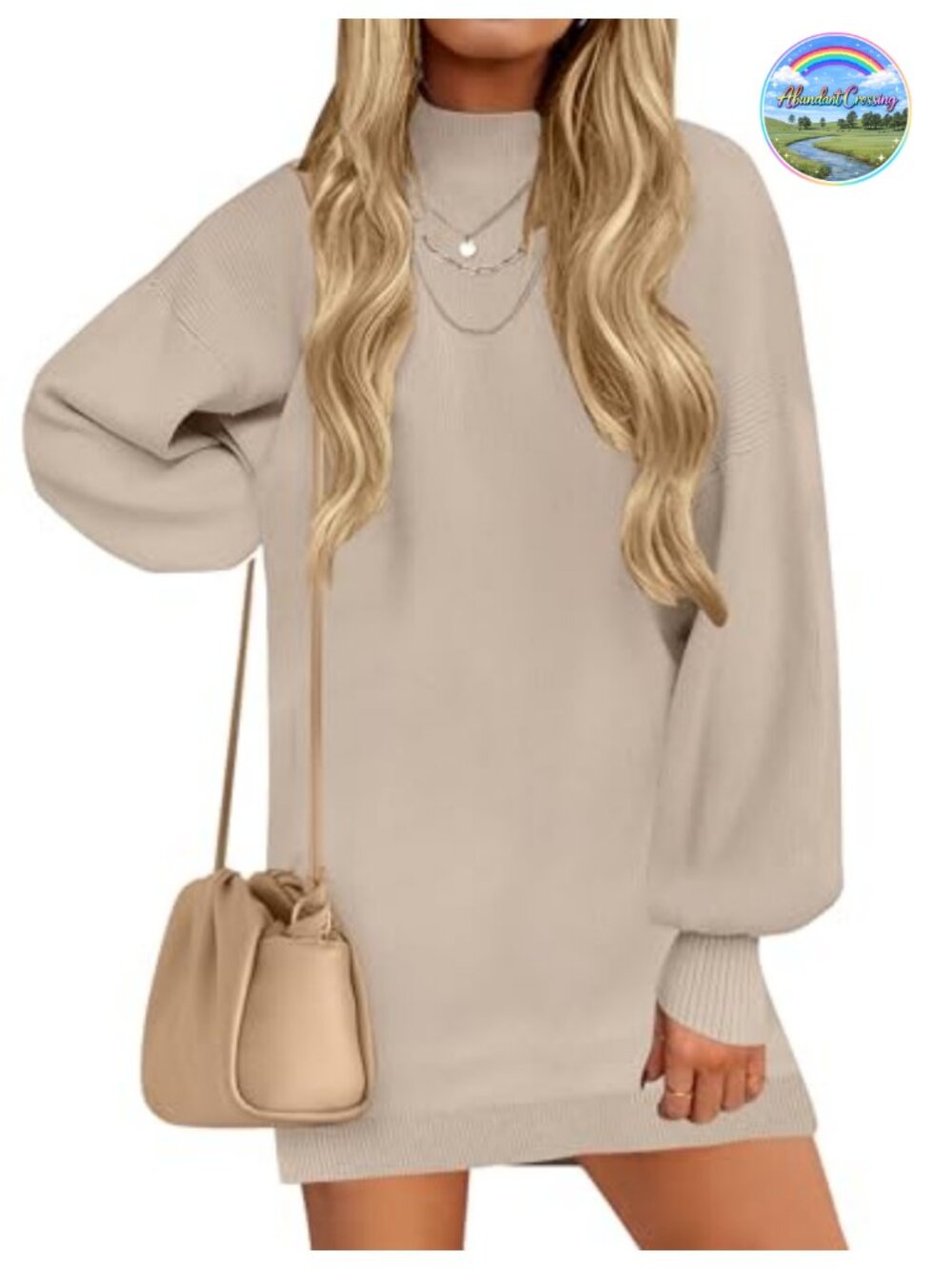 Mock Neck Mini Sweater Dress Ribbed Knit Lantern Long Sleeve Pullover
